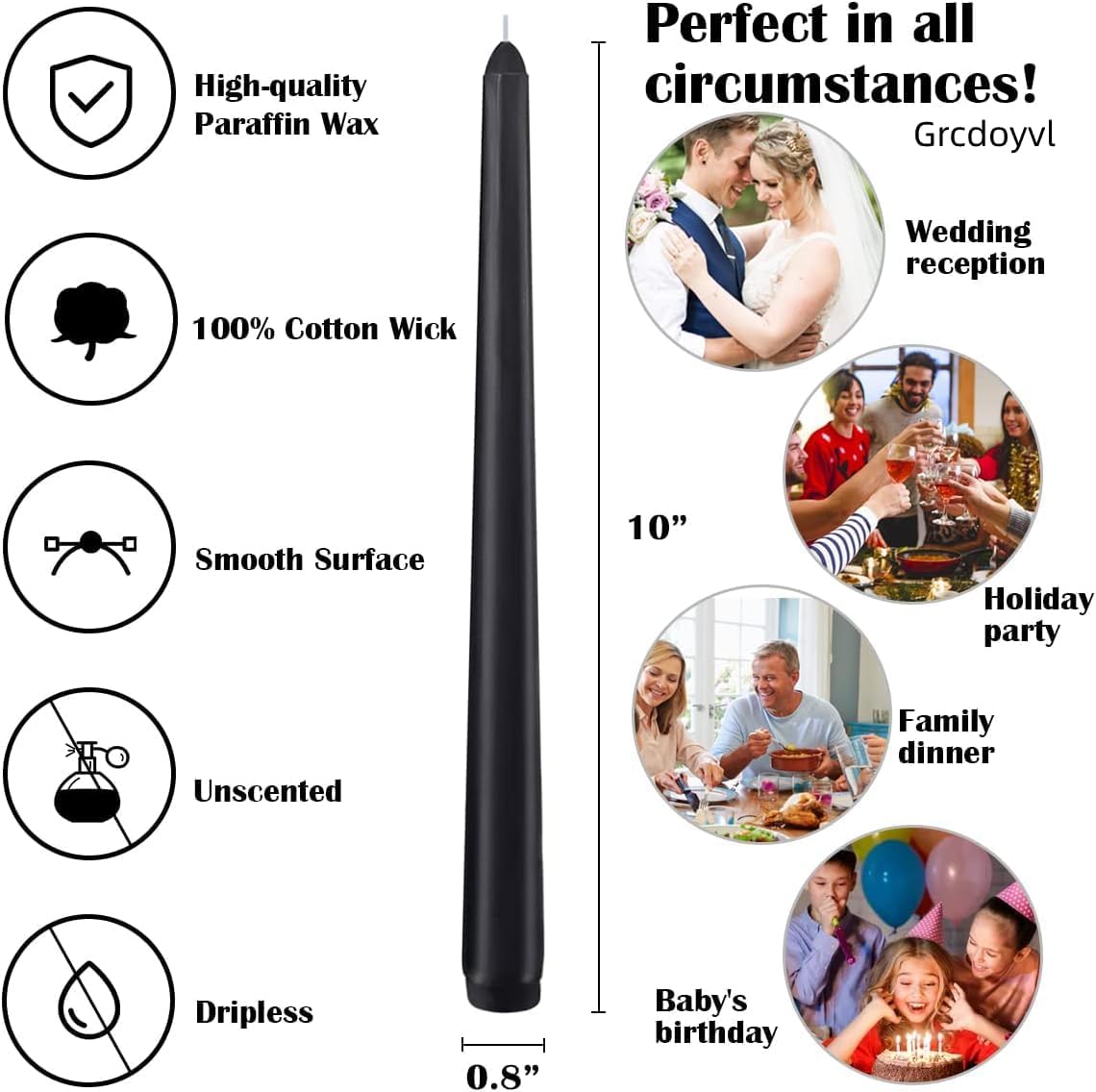 14 Unscented Black Taper Candle,10 inch Tall and 3/4 inch Thick,7.5 hrs Clean Burning,Dripless