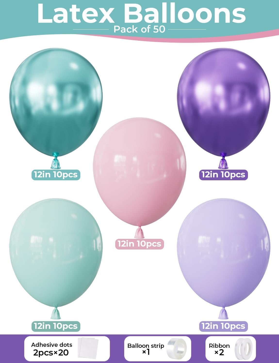 Mermaid Balloons - 12Inch Purple Pink Green Blue Balloons Glitter Metallic Purple Green Balloon