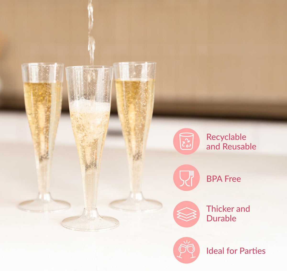 Prestee 24 Champagne Flutes Plastic - Disposable Flute - Silver Glitter Plastic Glasses for Parties