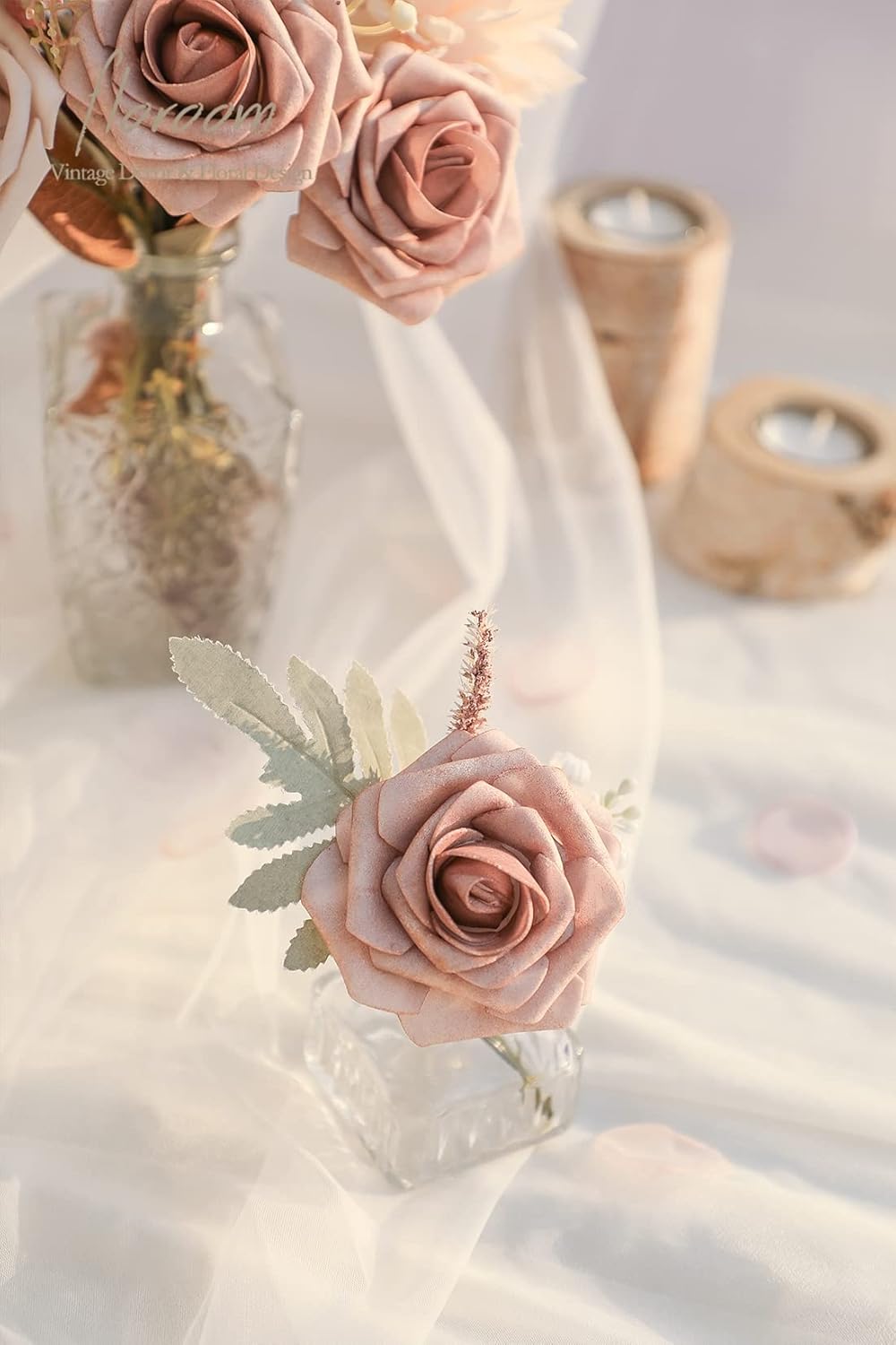 Floroom Artificial Flowers 25pcs Real Looking Warm Taupe & Nude Foam Fake Roses with Stems for DIY