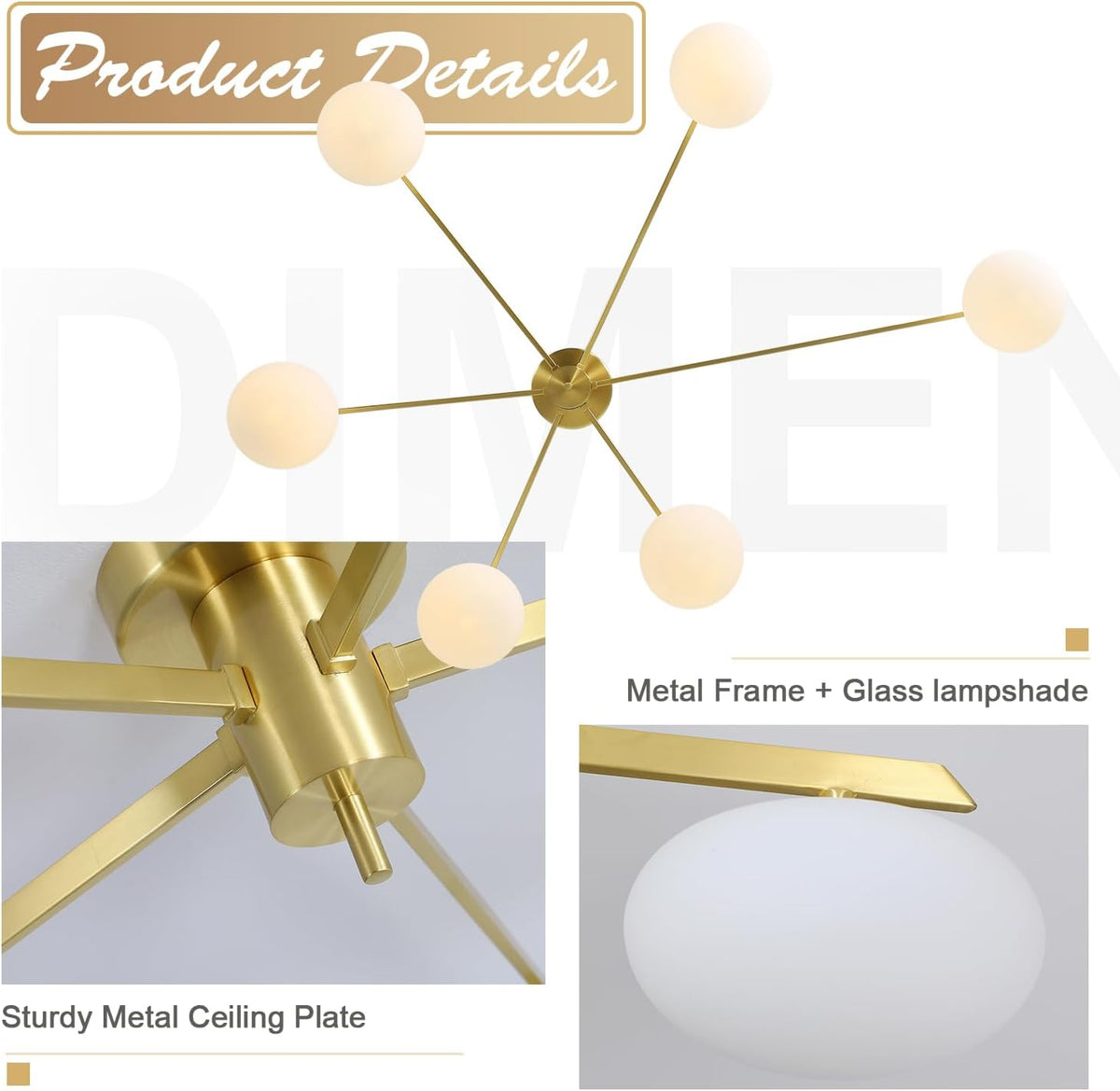6-Lights Gold Sputnik Chandelier Modern Ceiling Light Fixtures Retro Glass Ceiling Lamp Industrial