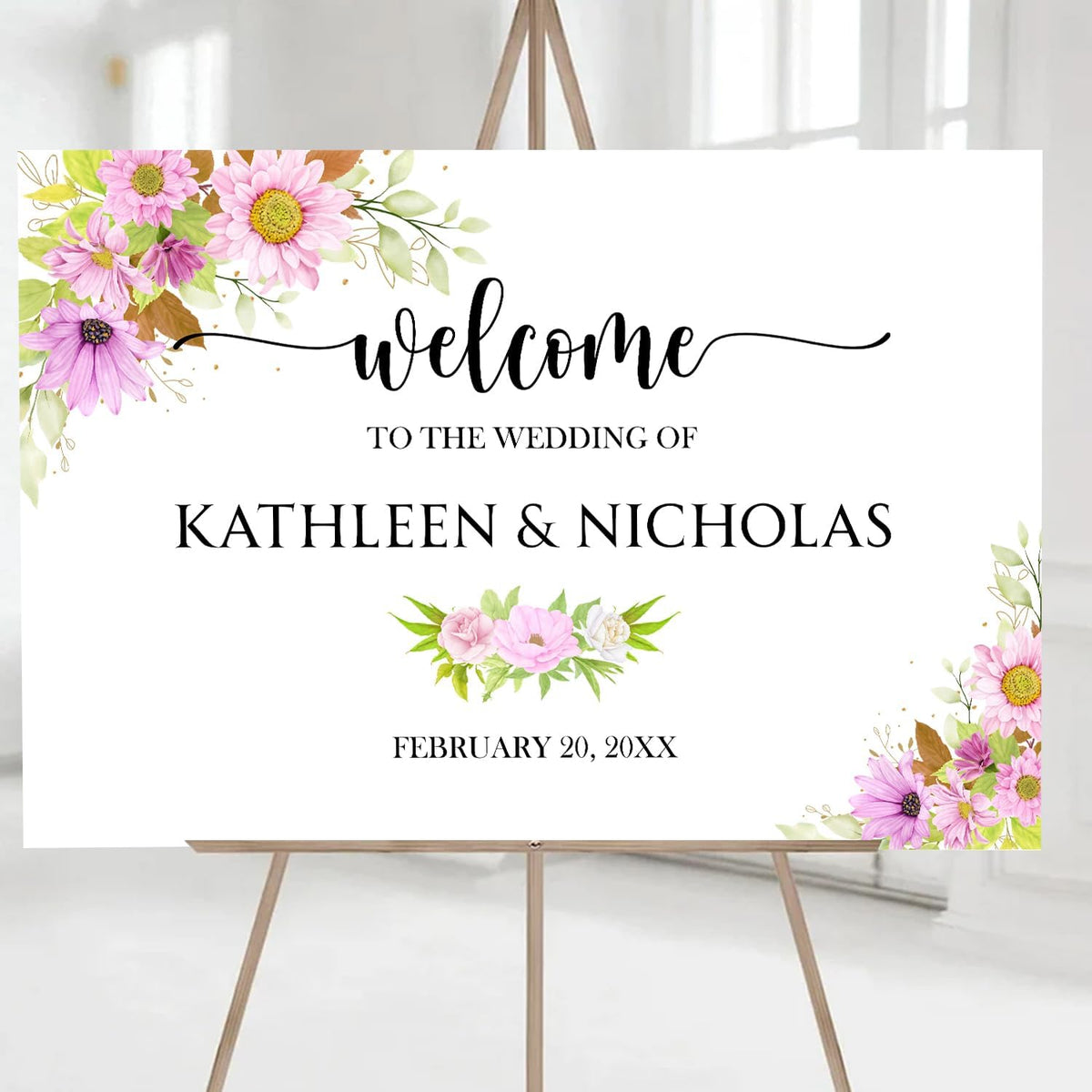 Blush Pink Floral Wedding Welcome Sign Template, Editable Printable Soft Pink Sign with Watercolor