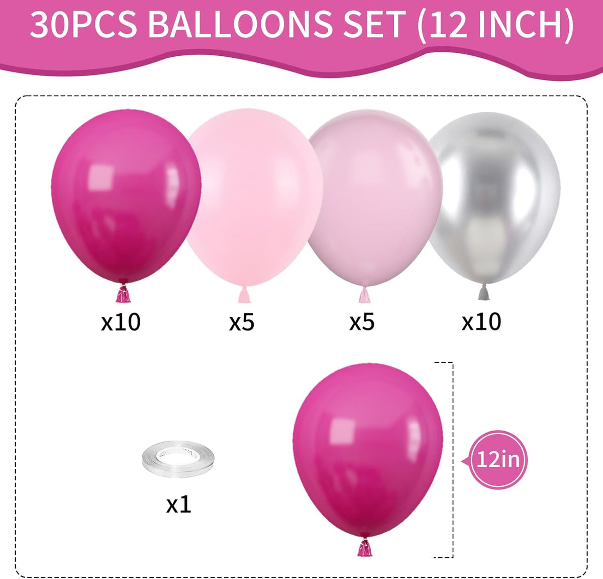 Pink and Silver Balloons, 12 Inch Hot Pink Pastel Latex Balloon Metallic Chrome Silver Helium