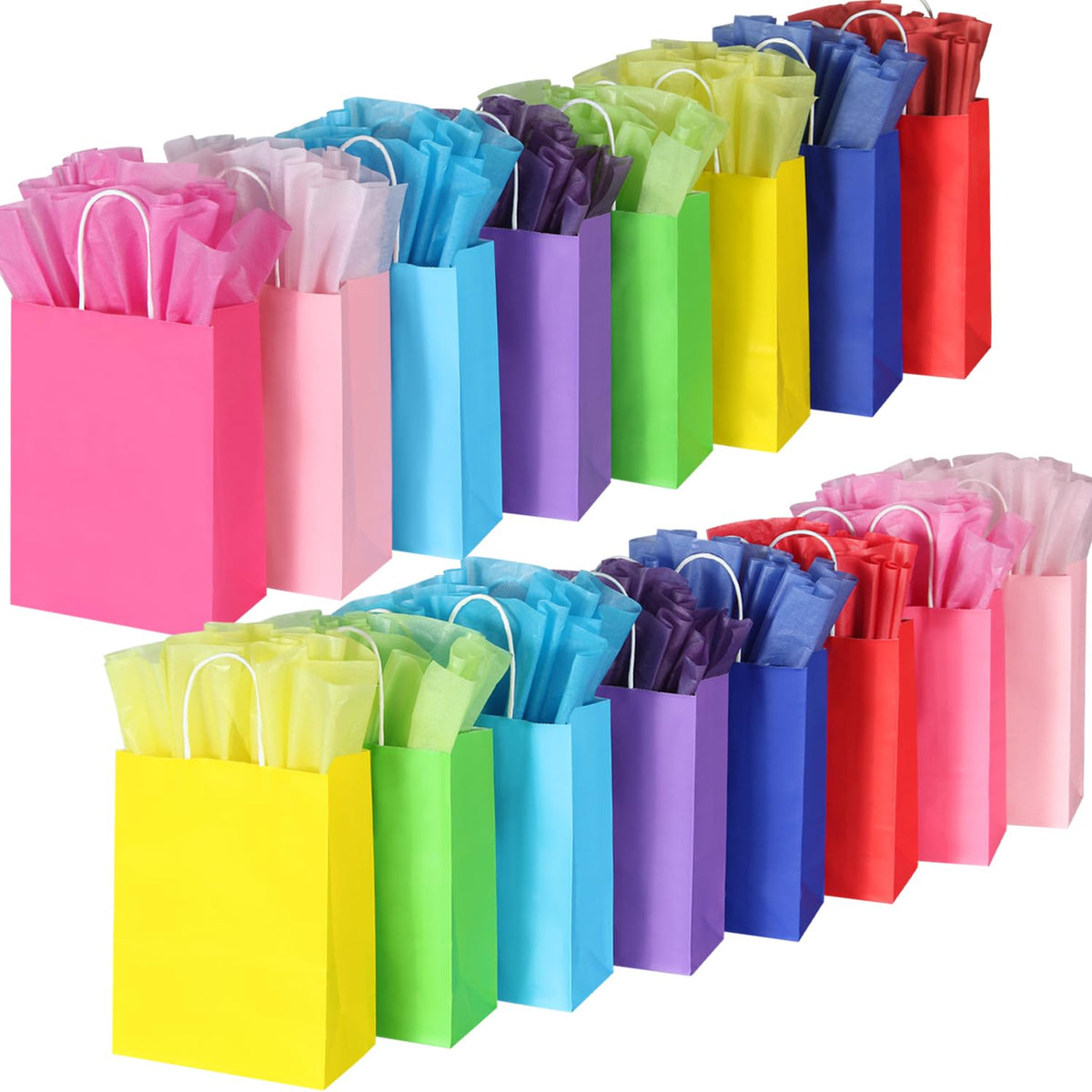 BLEWINDZ 32 Pieces Gift Bags with 32 Tissues, 8 Colors Party Favor Bags with Handles, Rainbow Gift
