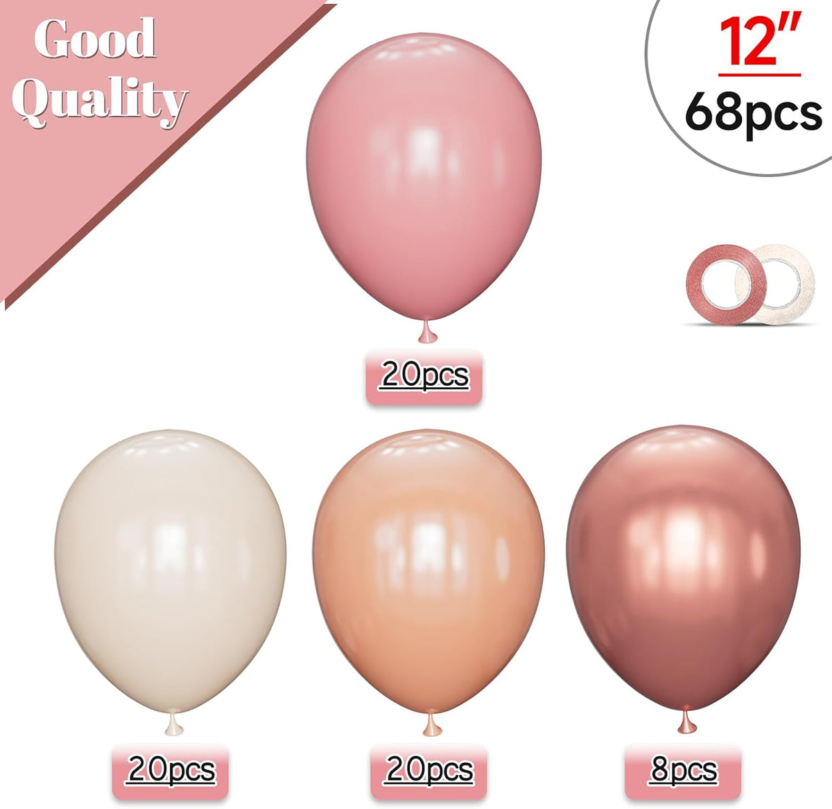 68 Pcs Retro Pink Nude Party Balloons 12Inch Dusty Pink Metallic Rose Gold Balloon Beige Blush