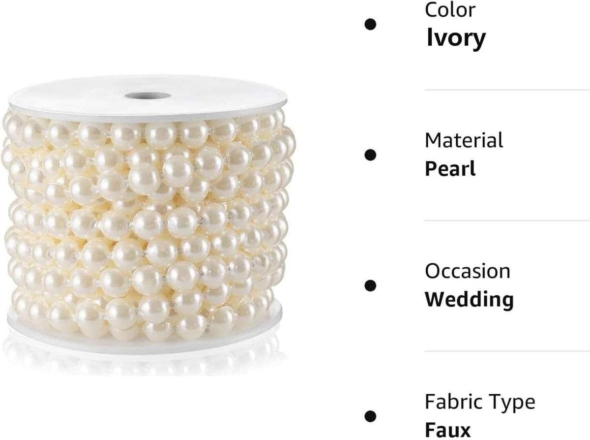 Half-Round Pearl Bead Garland String 11 Yards, 10MM Flat Pearl Beaded Spool Roll Crafts for Wedding