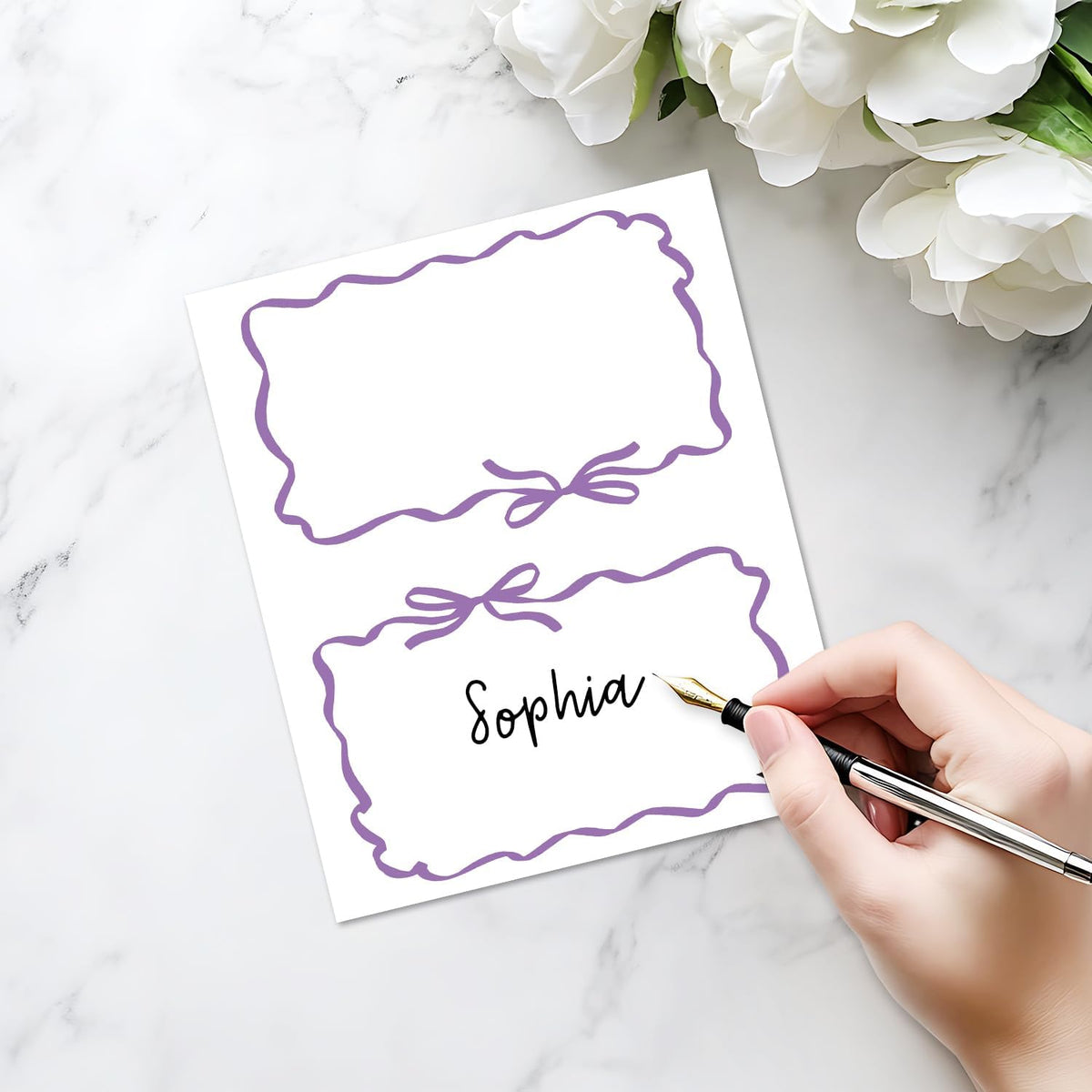 25 Pack Purple Bow Wave Place Cards, Editable Name Cards for Table Setting, Tent Cards Food Label