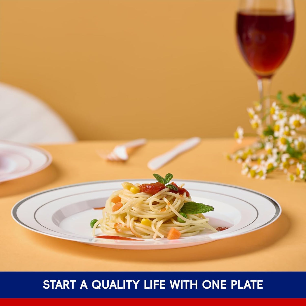 JOLLY CHEF 100 Pieces Silver Plastic Plates, 10 Inch Elegant Disposable White with Silver Rim