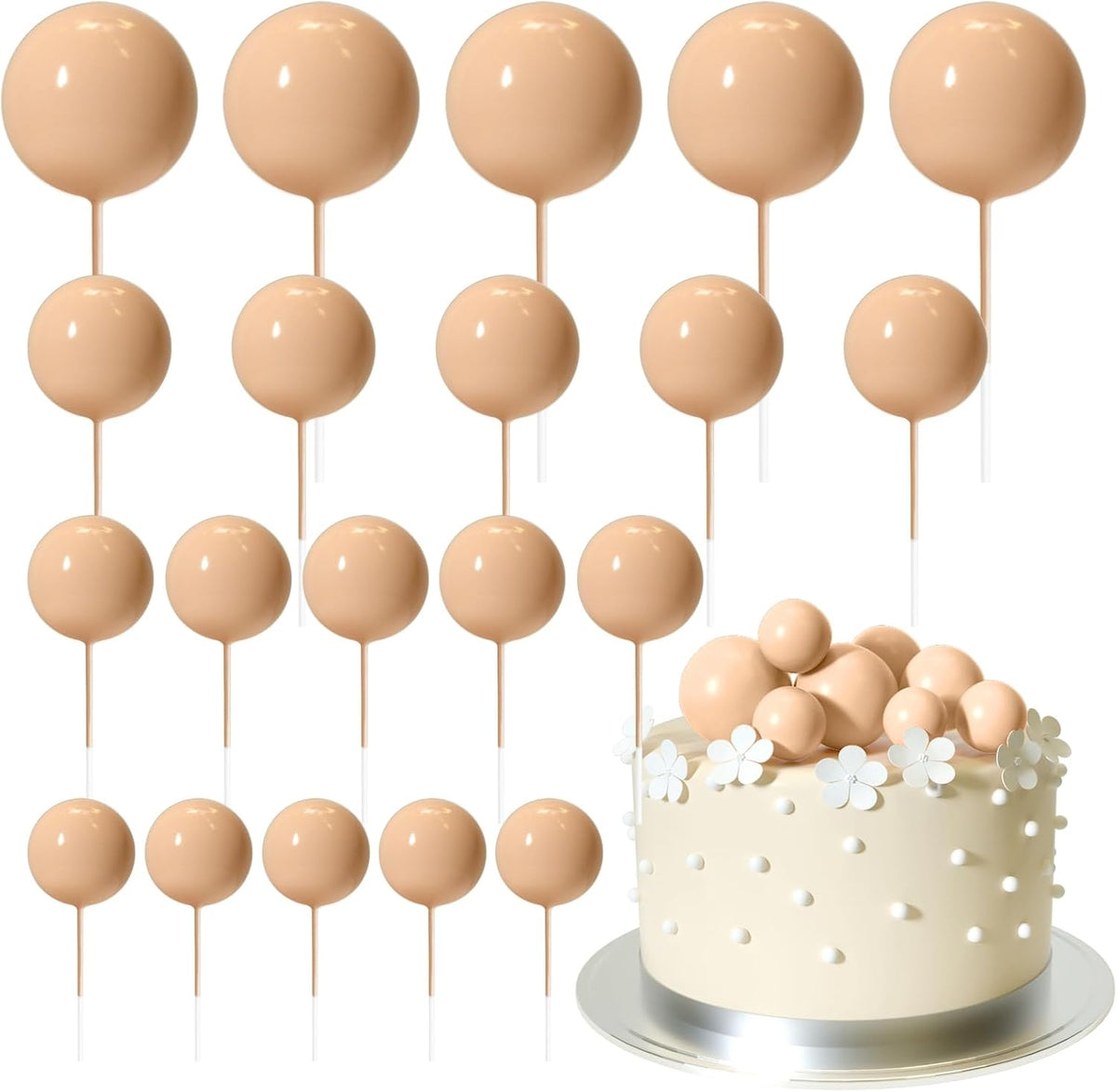 ASTARON 20 Pcs Ball Cake Topper Decorations Mini Balloons Cake Topper Sticks Light Brown Balls Cake