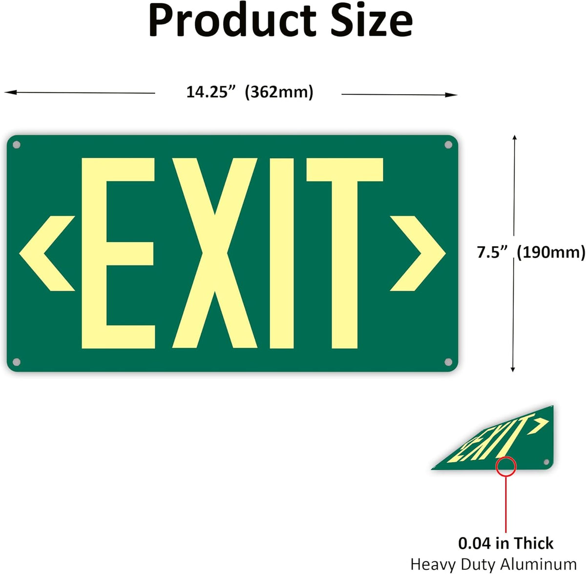 1Pack Photoluminescent Exit Sign Green - Aluminum -14.25"x 7.5" Glow In The Dark Adhesive Backing