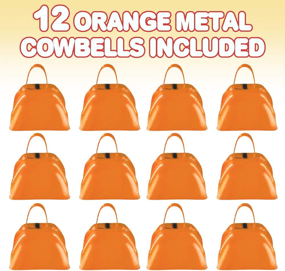 ArtCreativity 3 Inch Orange Metal Cowbell Noisemakers - Pack of 12 - Loud Metal Cowbell Noise