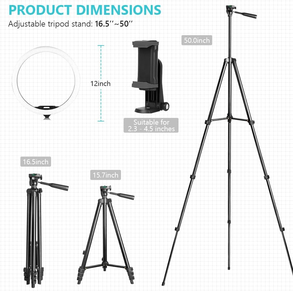 Sensyne 12'' Ring Light with 50'' Extendable Tripod Stand, LED Circle Lights with Phone Holder for