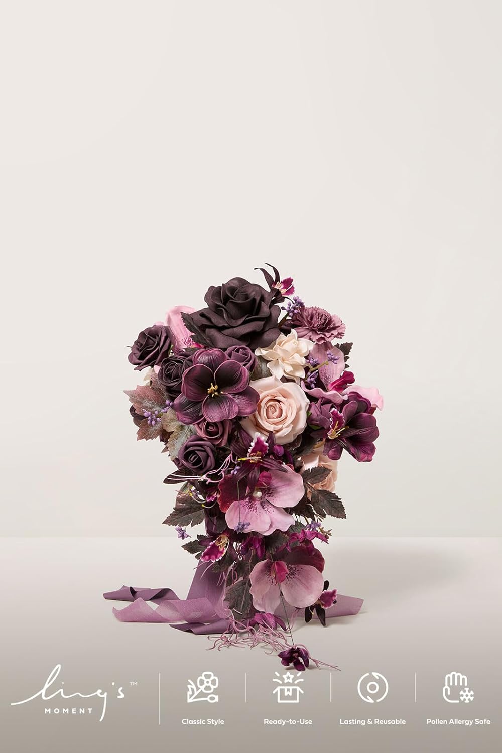 Ling's moment Purple Bridal Bouquet Cascading, Plum Wedding Bouquets for Bride, 13 Inch Bride