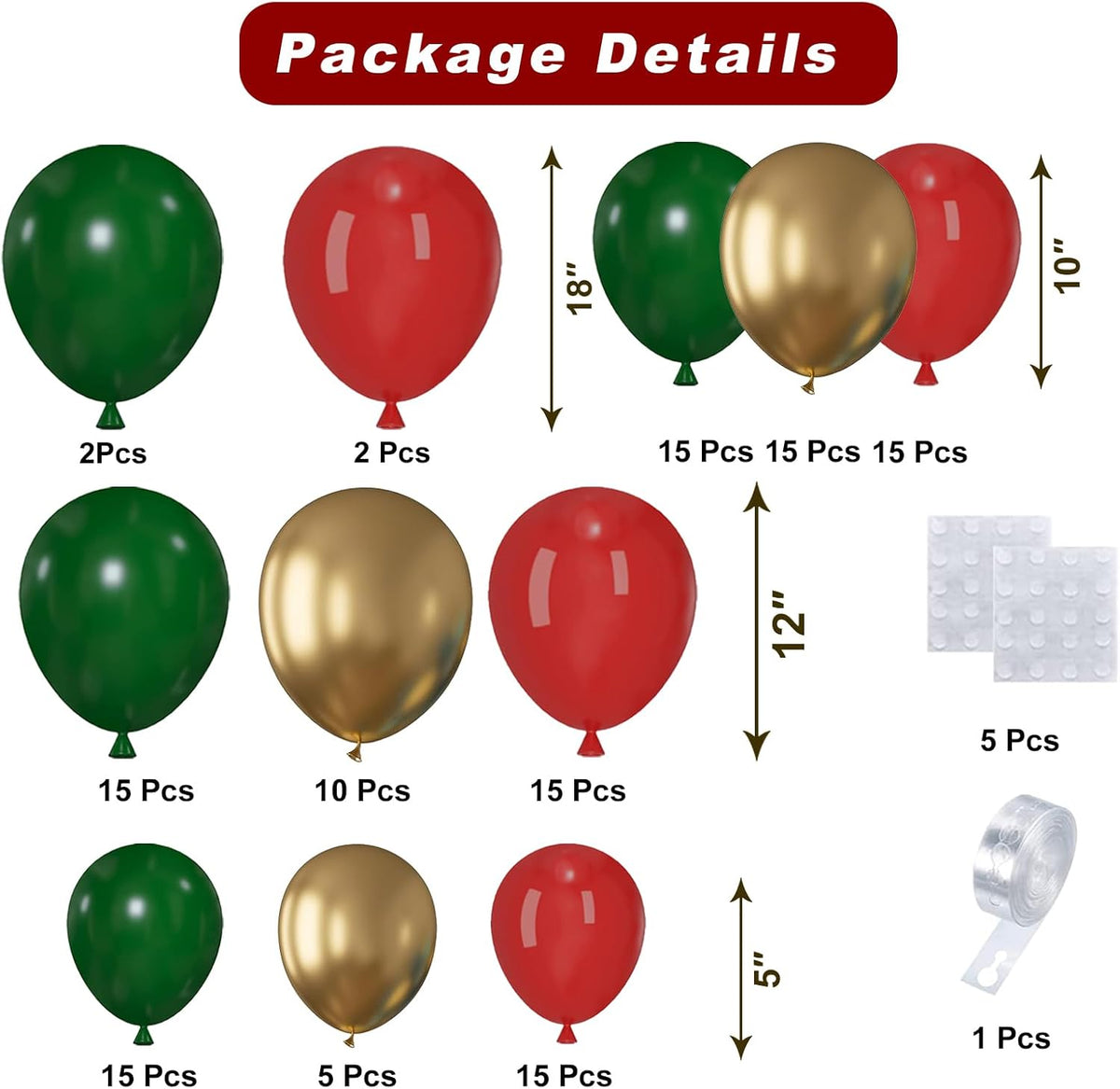 Christmas Balloons Garland Kit, 124pcs Red Green Gold Metallic Latex Balloons Arch for Christmas