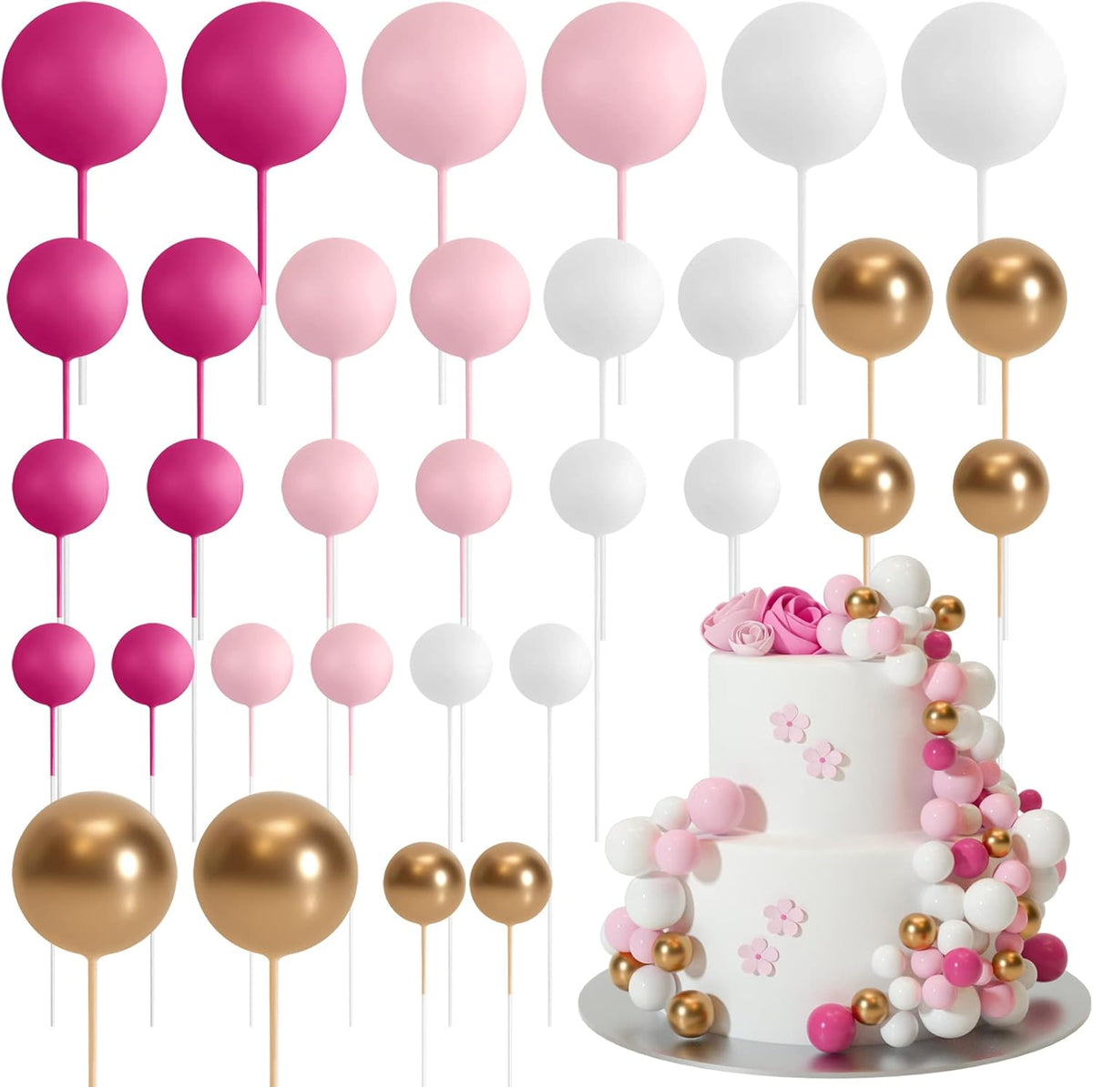 ASTARON 32 Pcs Ball Cake Topper Decorations Mini Balloons Cake Topper Sticks Foam Balls Cake Picks