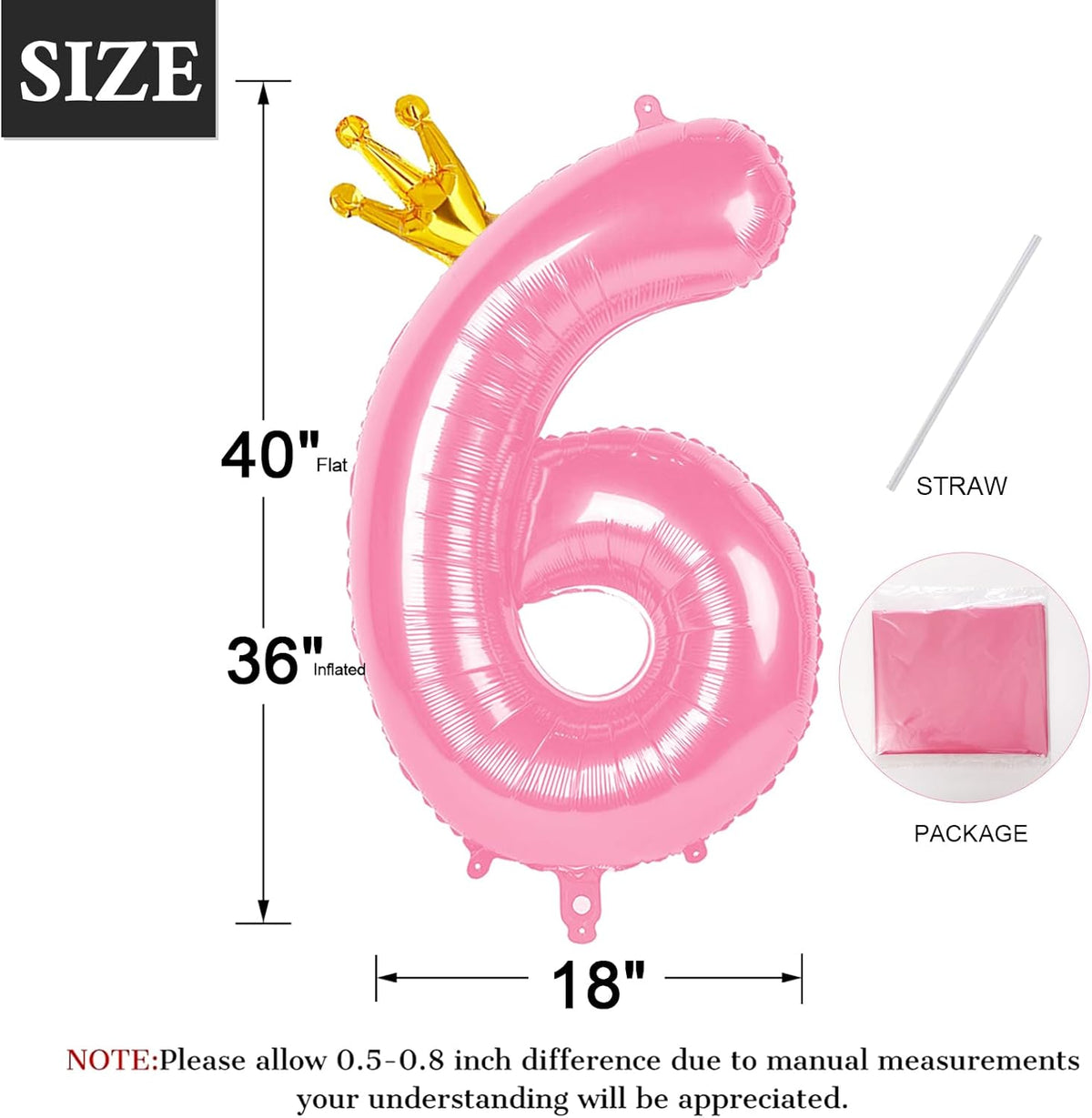 40 Inch Pink Number Balloon 0-9(Zero-Nine) with Crown, Big Size Happy Birthday Balloon, Foil Helium