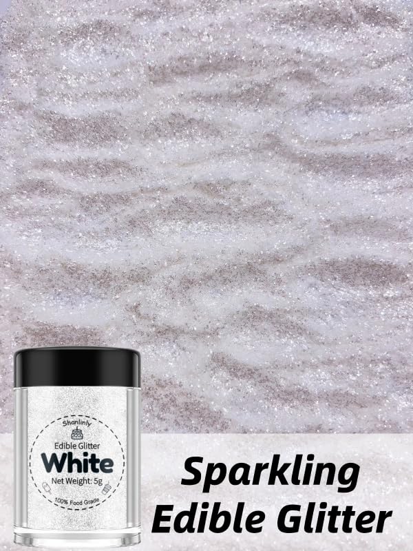 Shanlinly White Edible Glitter for Cakes Drinks - Food Grade 5g Shimmer Luster Glitter Dust Edible