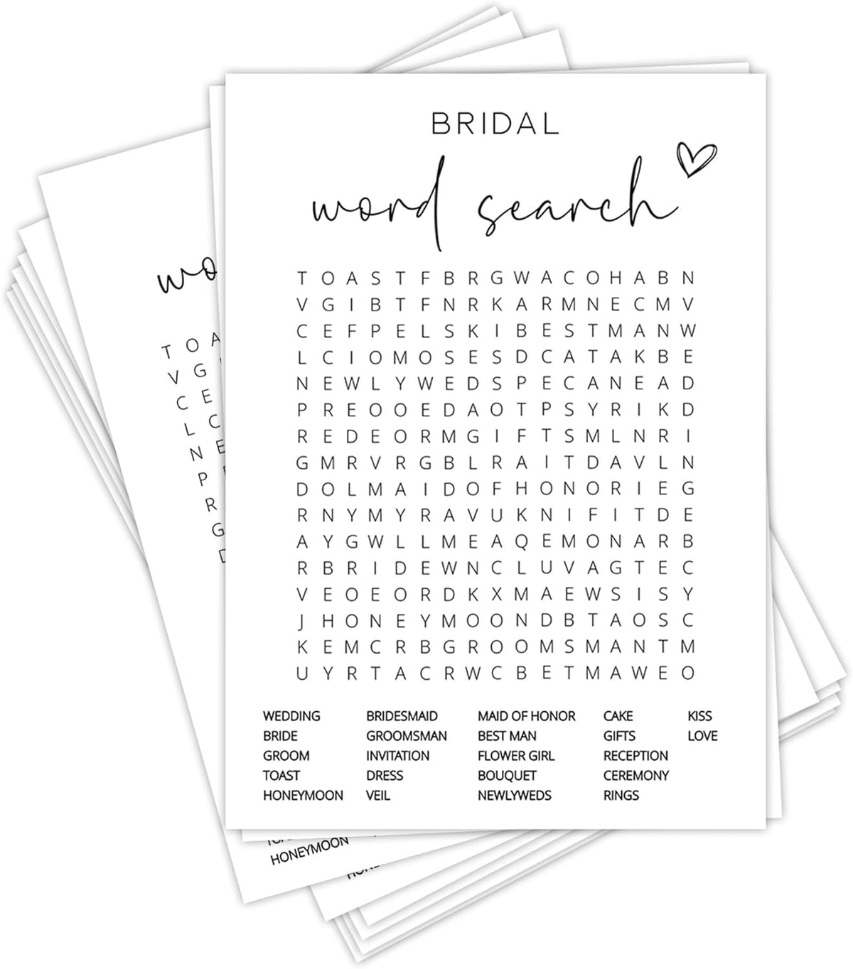 Bridal Shower Games, Word Search, 25Pcs Minimalist White Double-Sided Bridal Game Cards with 1