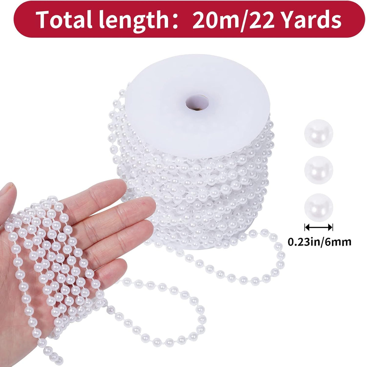 Faux White Pearl Bead Garland - 6mm Spool Pearl String Bead Roll, 22 Yards for Wedding or Christmas