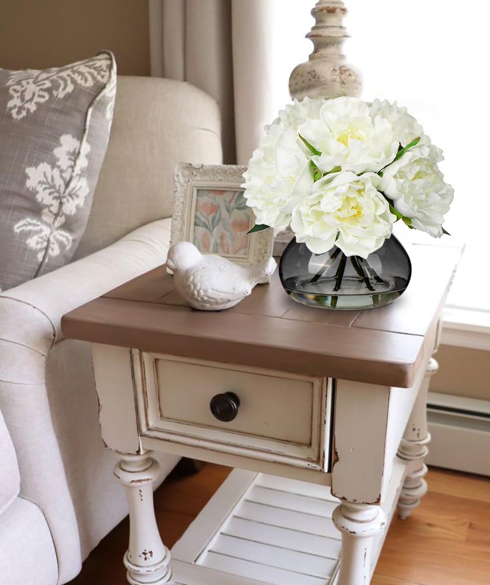 Hollyone Peonies Artificial Flowers with Vase White Peony Fake Flowers Faux Silk Flower
