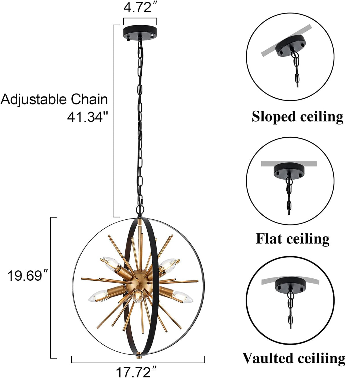 17.72'' Black Gold 8-Light Globe Sputnik Chandelier Modern Industrial Adjustable Hanging Ceiling