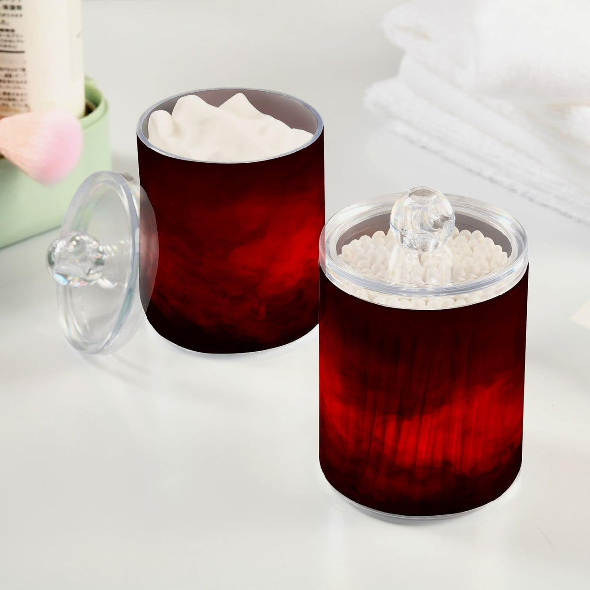 Gredecor 2 Pack Qtip Holder Clear Red Apothecary Jars with Lids Plastic Acrylic Bathroom Jars