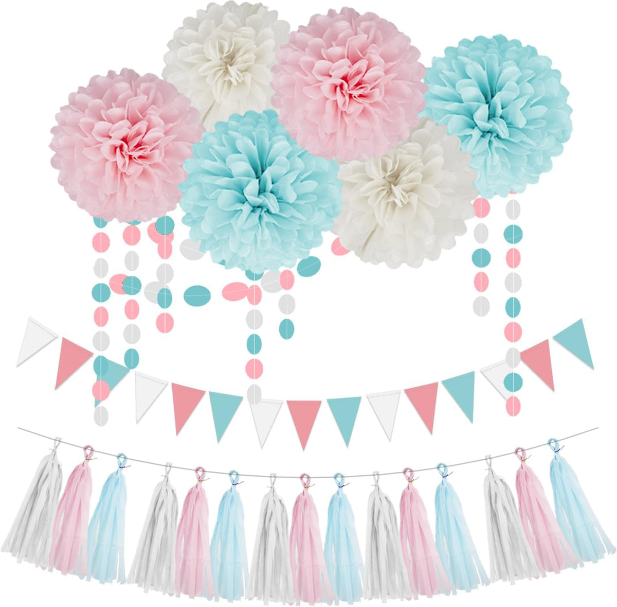 Gender Reveal Decorations Blue Pink - 23pcs Tissue Paper Flowers Pom Poms Banner Tassel Garland