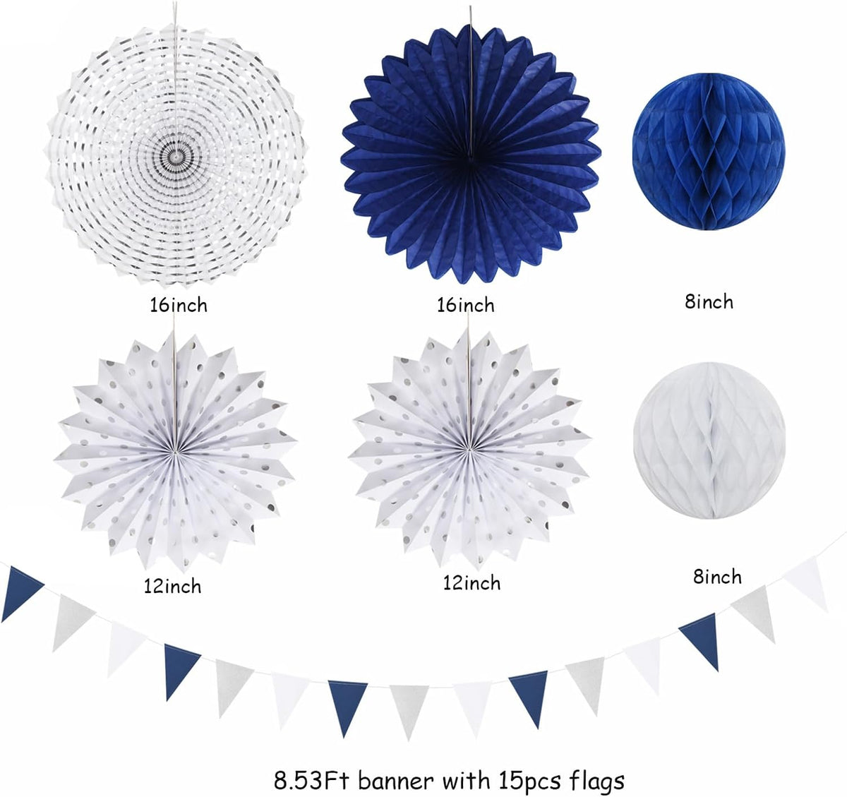 Navy-Blue White Silver Party-Decorations - 20pcs Graduation Paper Lanterns Fans,Tissue Pom