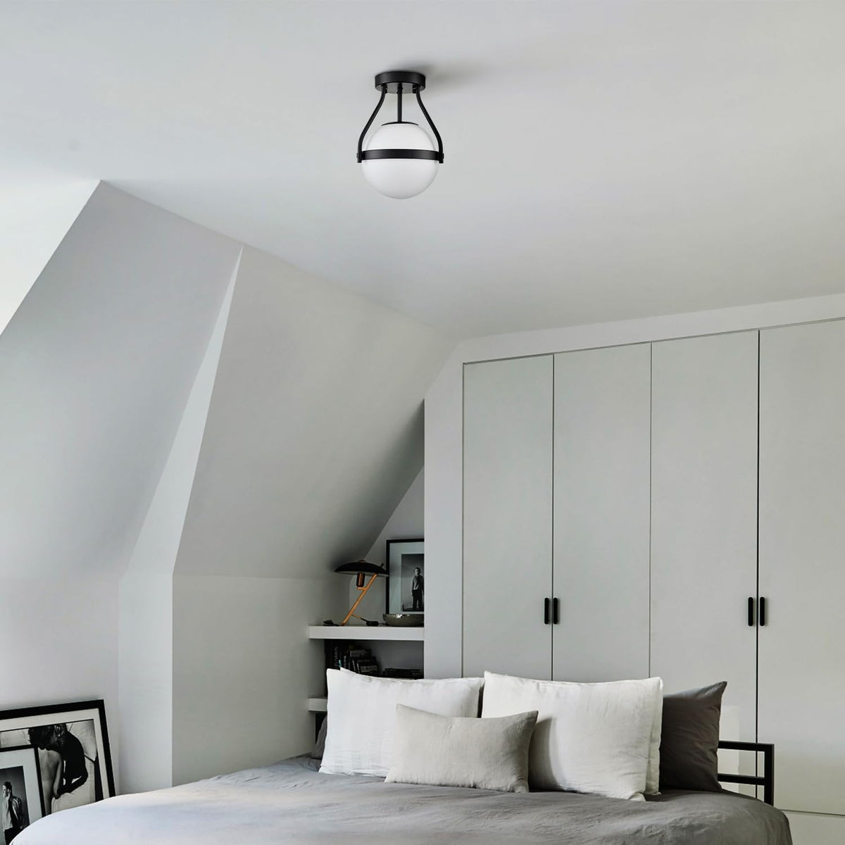 HOLKIRT Modern Globe Semi Flush Mount Ceiling Light,Black Ceiling Light Fixture with Opal Glass