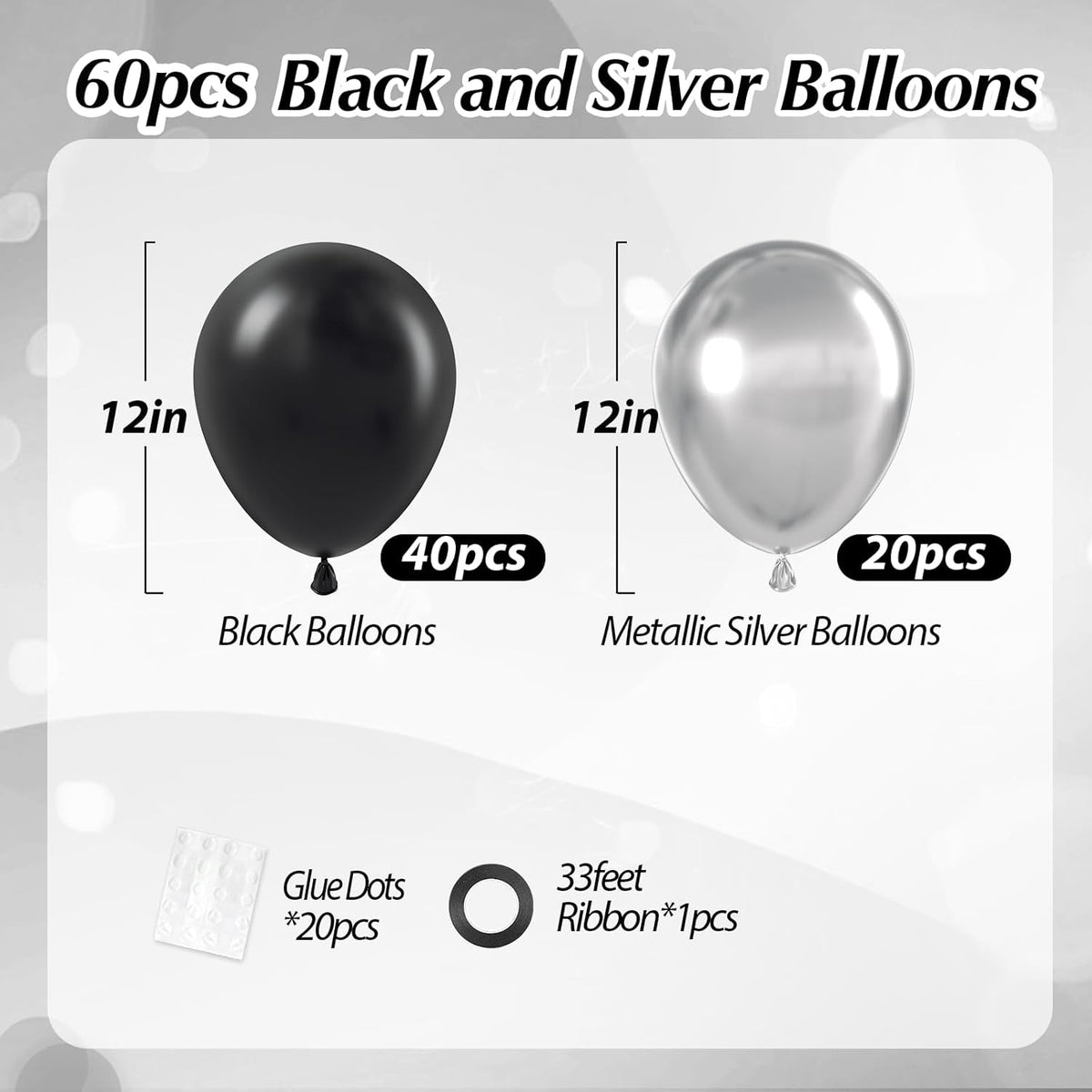 Black and Silver Balloons, 60pcs 12inch Black Metallic Silver Balloons for Graduation 2025 Birthday