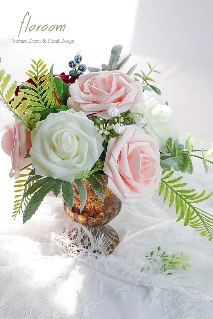 Floroom Artificial Flowers 50pcs Real Looking Blush Foam Fake Roses with Stems for DIY Wedding