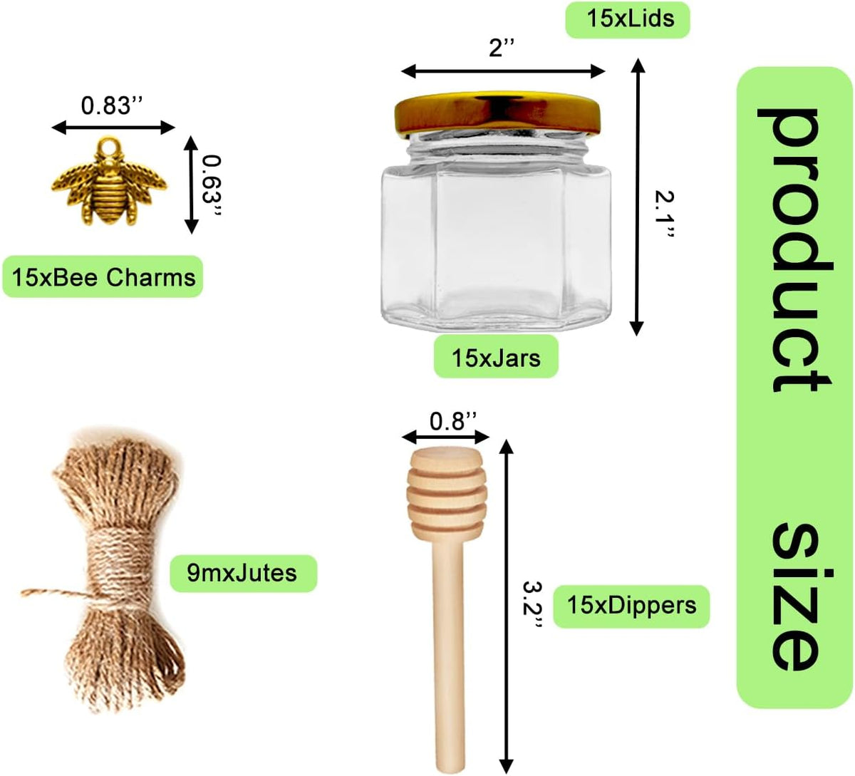 Adabocute Honey Pot 2oz, Mini Glass Honey Jars with Wood Dipper, Gold Lid, Bee Pendants, Beige Gift