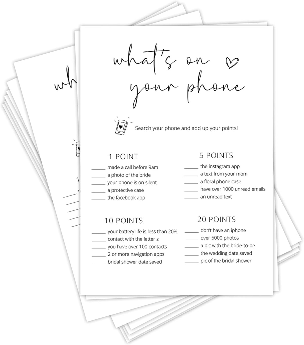 Bridal Shower Games, What's On Your Phone, 25Pcs Minimalist White Double-Sided Bridal Game Cards
