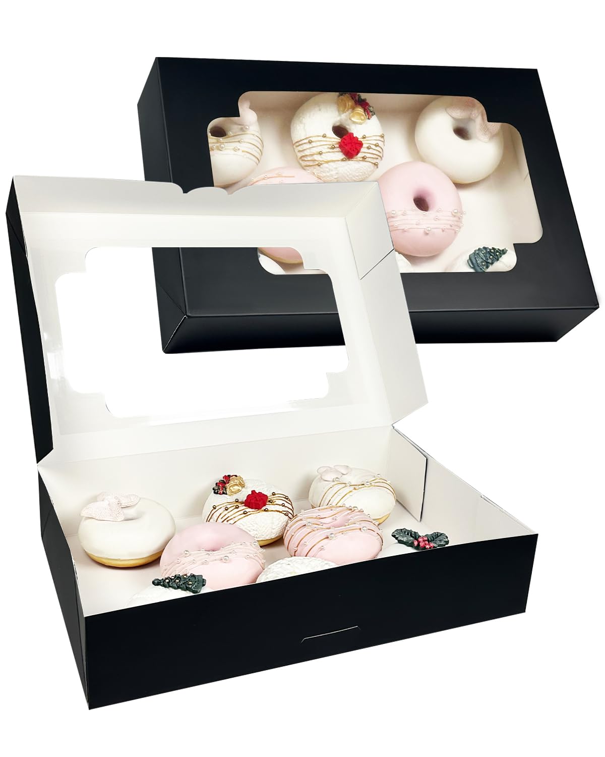 qiqee Auto-pop up Black Cookie Box with Window 12x8x2.5 inch 32 Packs Two Uses One Second Folding