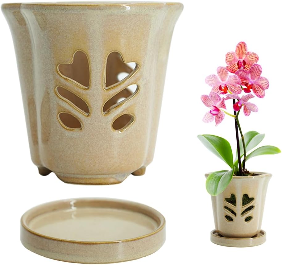 Ceramic Orchid Pot 4 Inch, Orchid Pots with Holes, Orchid Pot for Repotting, Beatiful Ice Cracked