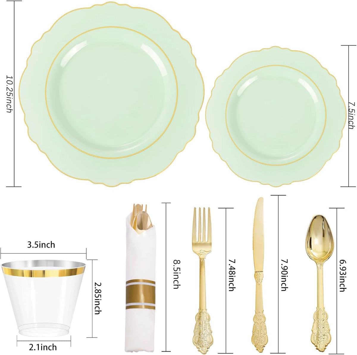 Liacere 350PCS Light Green Plates - Disposable Green and Gold Plastic Plates 50guest Baroque