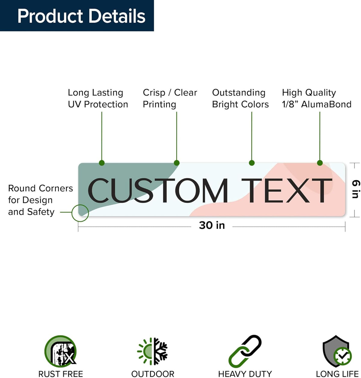 Custom Sign, Custom Street Sign, 11 Font Colors, 13 Font Styles, 4 Hole Options, 22 Sizes, 6x30