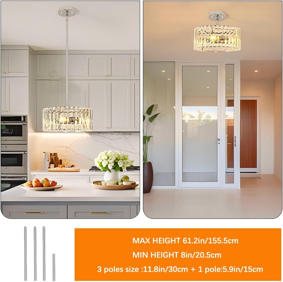 Modern Crystal Chandelier for Dining Room, Chrome Semi Flush Mount Ceiling Light Fixtures, Round