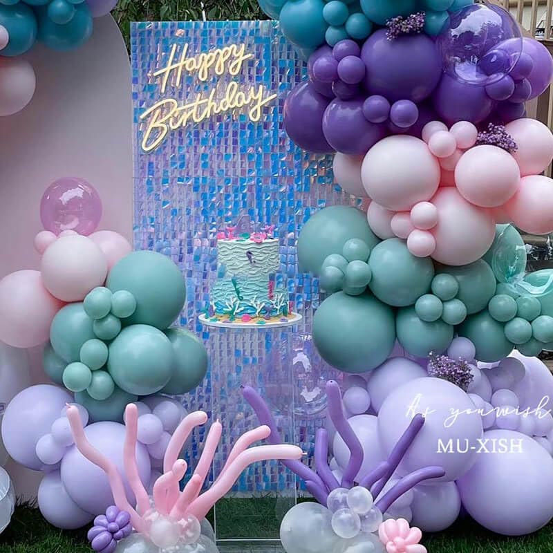 Mermaid Balloons, 12 Inches Purple and Green Balloons Teal Purple White Metallic Confetti Green