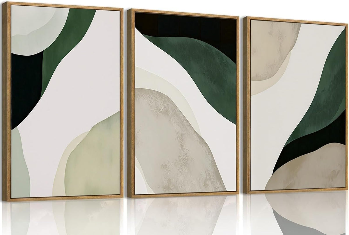 myusuar 3 Piece Large Modern Abstract Canvas Framed Wall Art For Living Room, Green Black White