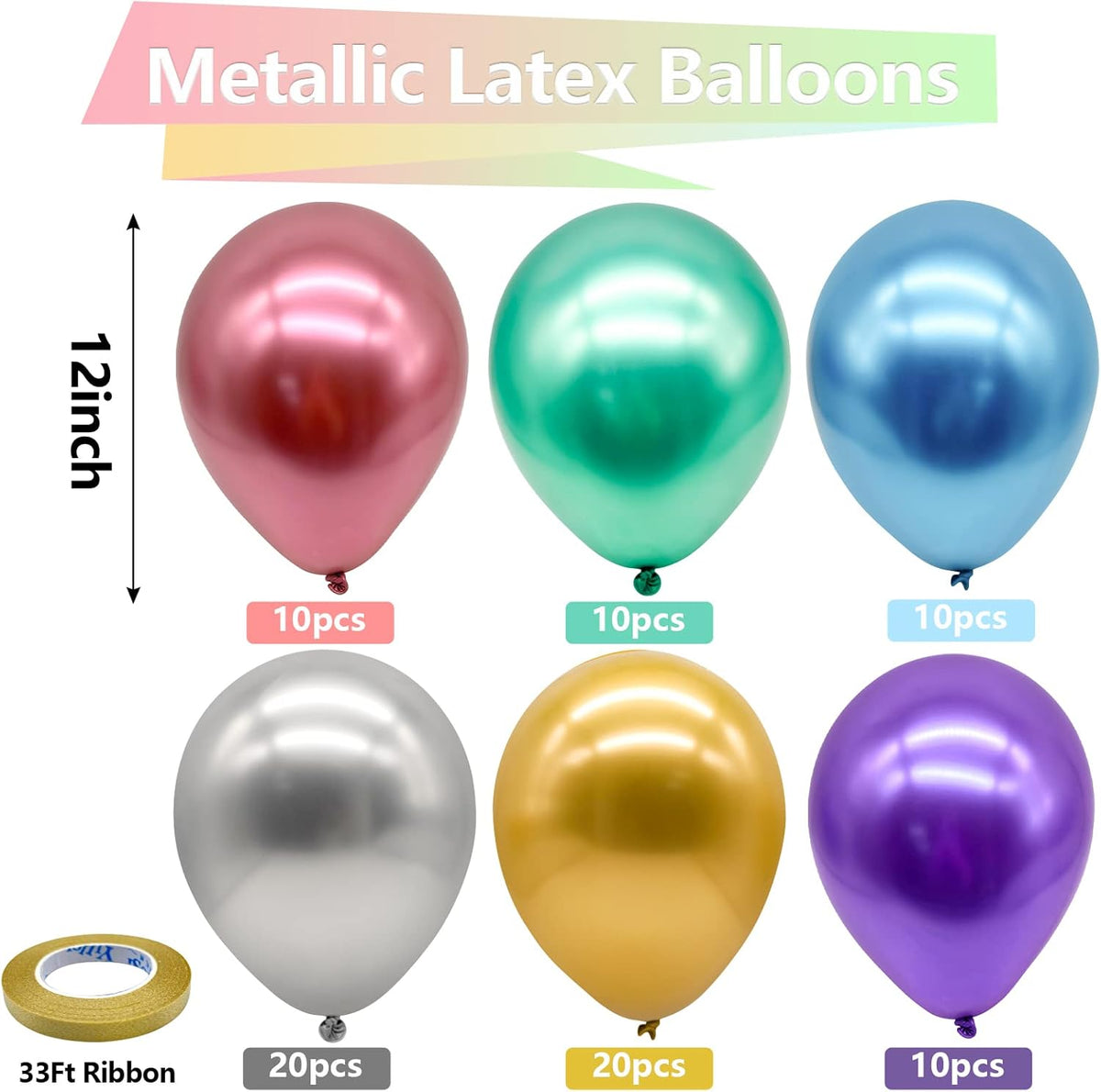 Bezente Metallic Chrome Latex Balloons, 100 Pack 12 inch Assorted Balloons Colorful Party Balloons