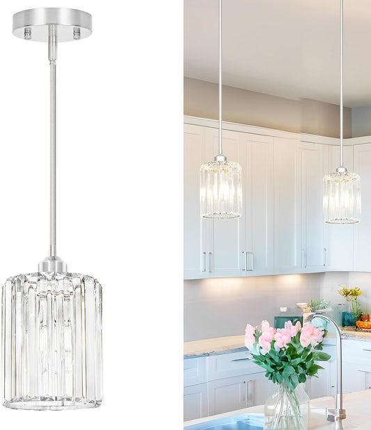 Chrome Kitchen Pendant Lights Over Island with Adjustable Rods - Crystal Pendant Lighting Fixtures