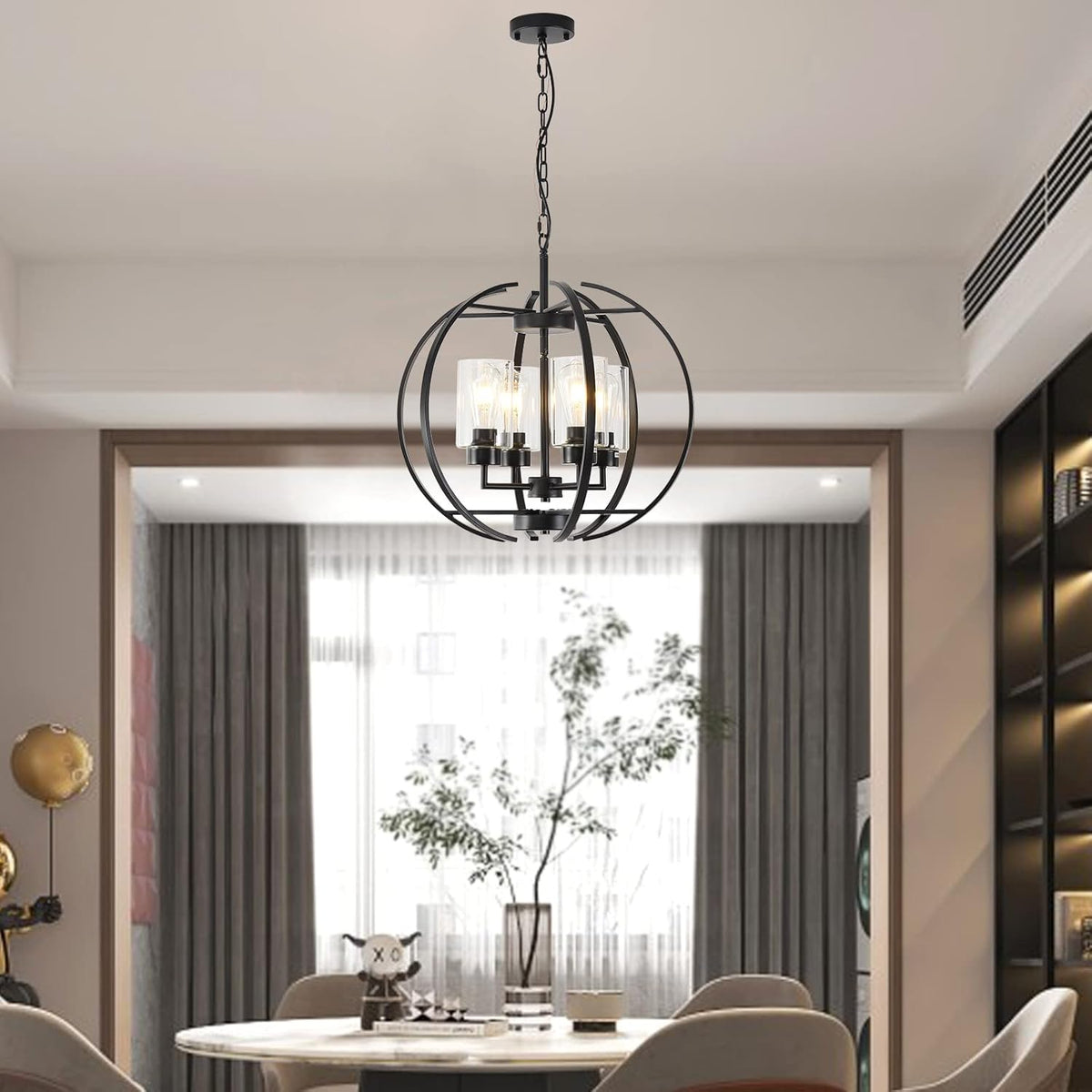 Black Chandelier Lighting with Clear Glass for Dining Room, Farmhouse Hanging Lighting, 4 Lights