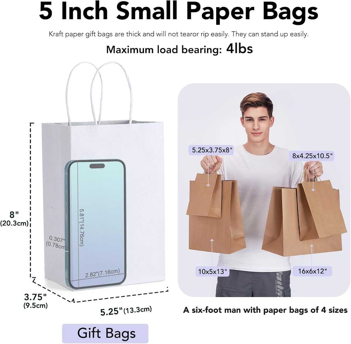 GSSUSA 50 Pcs White Kraft Paper Bags 5.25x3.75x8, Small Paper Bags with Handles for Shopping, Gift