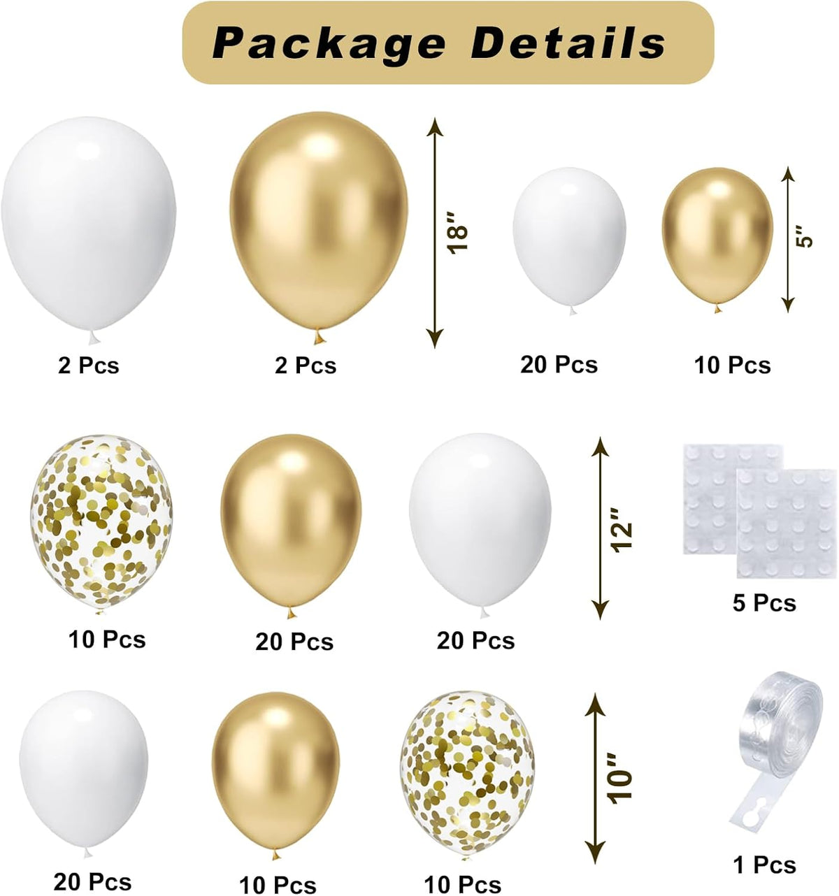 White and Gold Balloons Arch Kit, 124pcs White Gold Confetti Metallic Latex Balloons Arch for