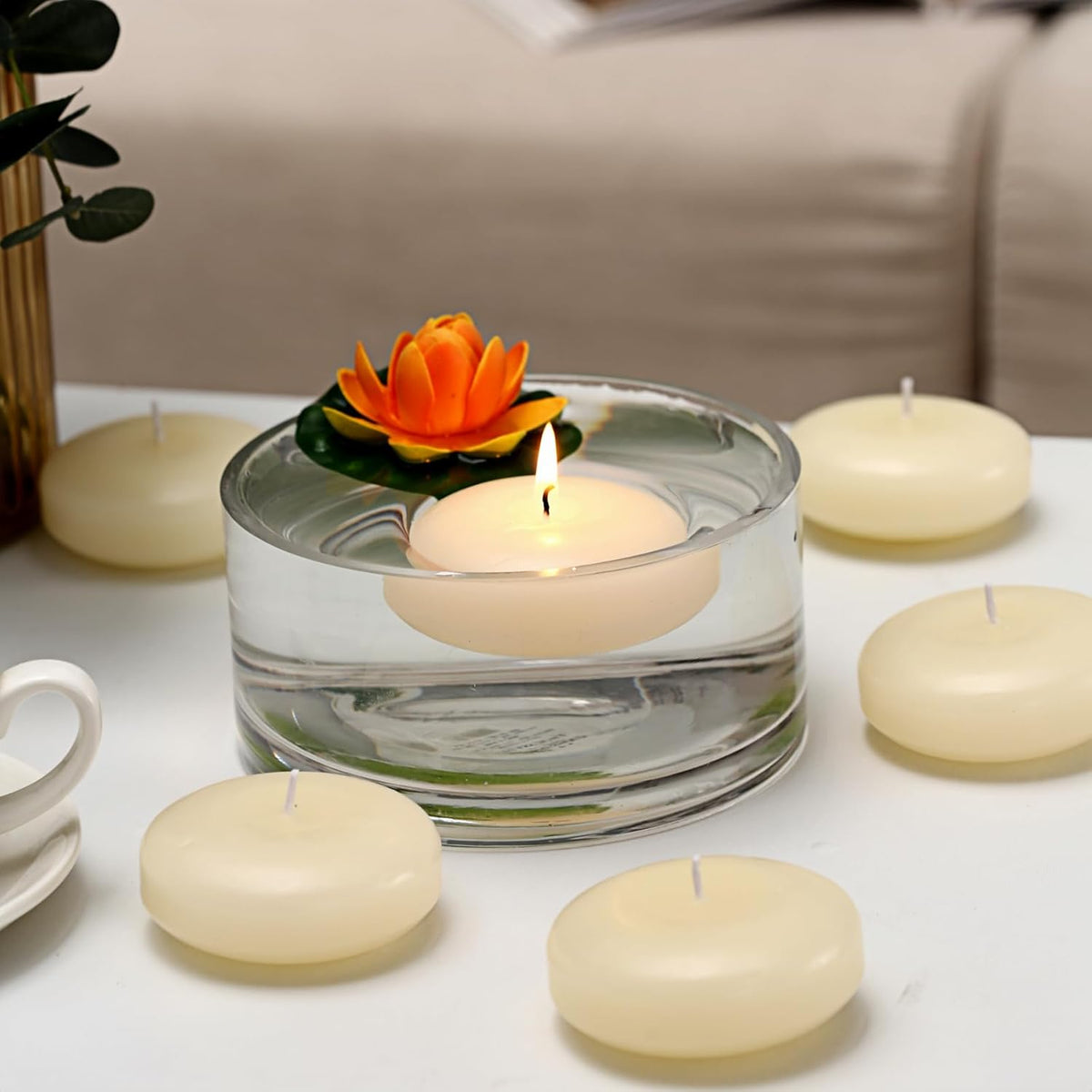 36 Pack Floating Candles, 3” Ivory Unscented Dripless Wax Burning Candles, for Weddings, Party