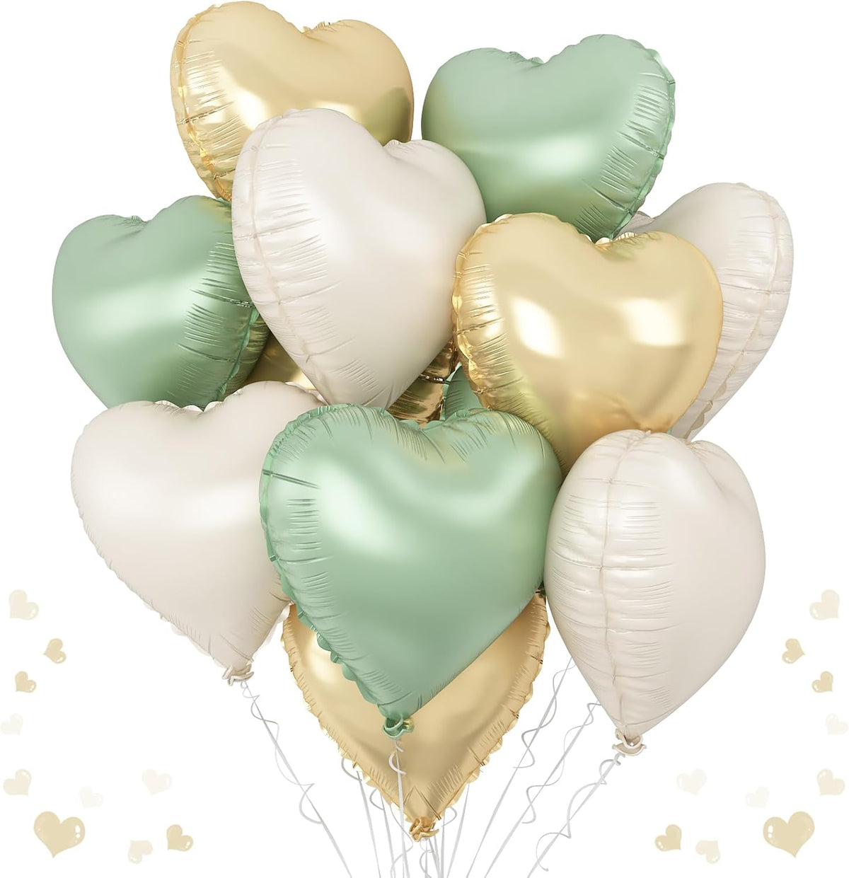 Sage Green Gold Heart Balloons, 12PCS Green Gold Heart Shaped Foil Balloons, 18Inch Green Cream
