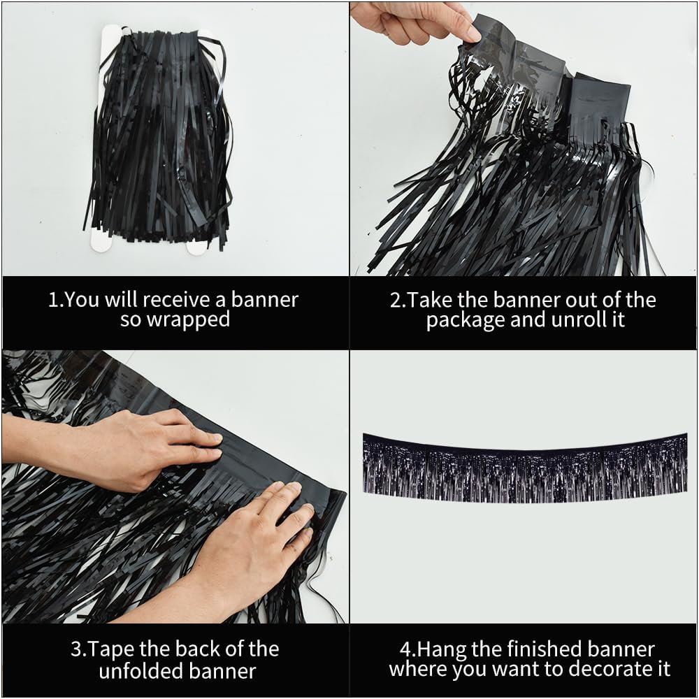 BEISHIDA 3 Packs Metallic Foil Fringe Garland Black Wall Hanging Tinsel Fringe Banners for Car