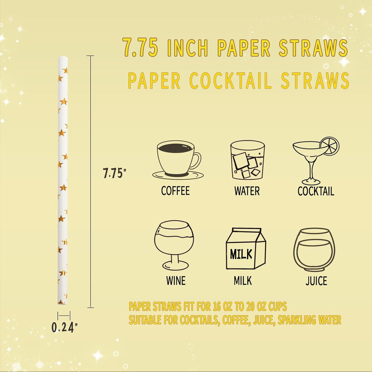 Paper Straws Disposable, Cocktail Metallic Gold Star Straws Drinking Biodegradable Straws for