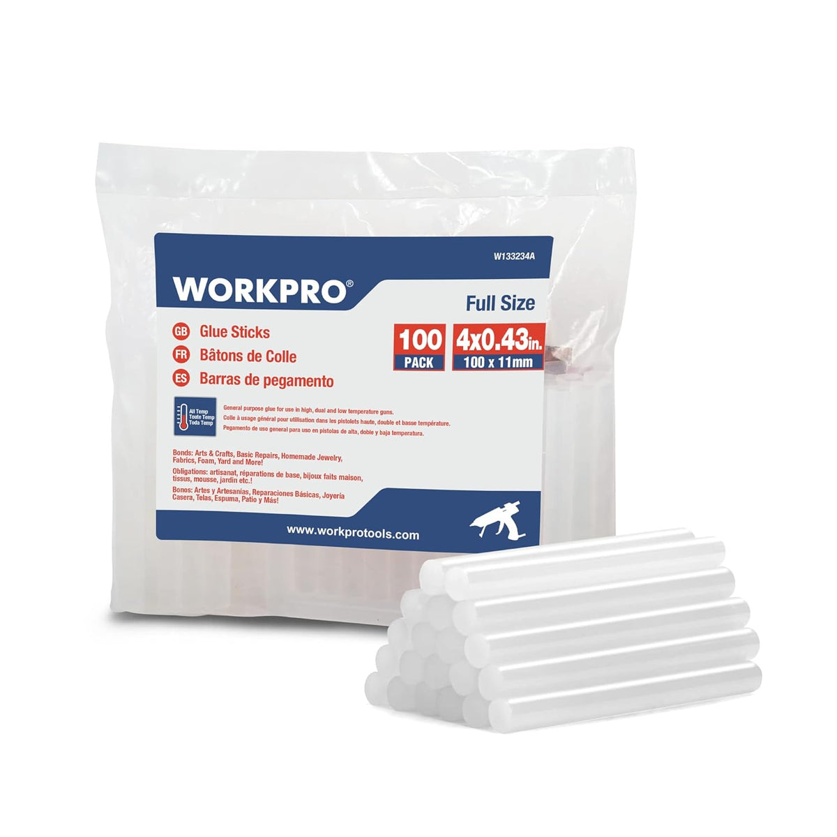 WORKPRO Full Size Hot Glue Sticks, 100-pack, 0.43x4 Inches, Compatible with Most Glue Guns